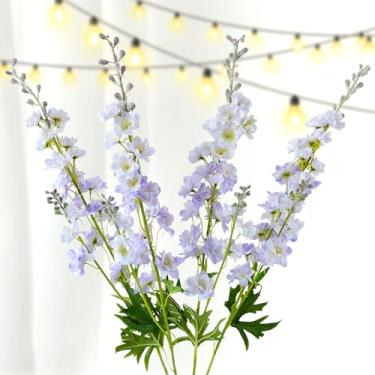 Imagem de ZYTUYO Delphinium Flor artificial 4 peças de espora falsa de larkspur com haste longa, buquês florais falsos, plantas para vaso de chão alto, casa, cozinha, casamento, decoração de arranjo interno ao