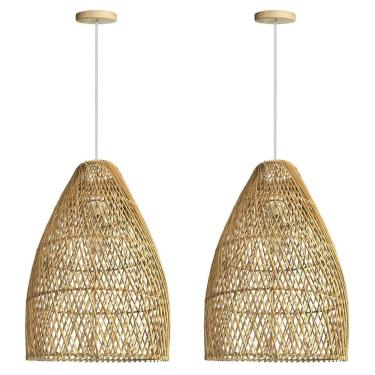 Imagem de 2 Pendente Colonial Fibra Natural Rattan Artesanal Mesa