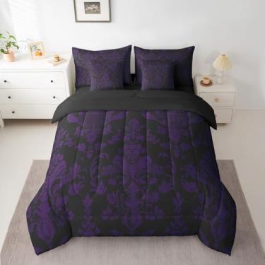 Imagem de Feelyou Conjunto de edredom floral damasco vintage roxo e preto com lençol gótico, boêmia, floral, 7 peças, tamanho casal, para crianças, meninos, meninas, oriental, antigo, conjunto de cama de flores