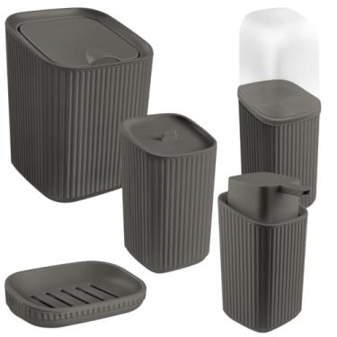 Imagem de Kit Banheiro Lixeira Porta Escova Porta Algodão e Saboneteira Dispenser 400ml (Cinza Escuro)