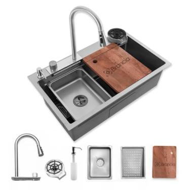 Imagem de Cuba Gourmet Premium Cascata Lavador Copos Kit CompletoTorneira Extensível Completa Pia Cozinha Multifuncional Luxo Aço Inox 304 Cor Prata