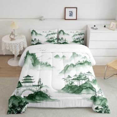 Imagem de Conjunto de edredom Queen com cultura oriental, estilo chinês, arte abstrata, decoração de quarto de crianças, meninas, adultos, pintura a tinta, montanha, 3 peças, conjunto de colcha de tingimento, 2