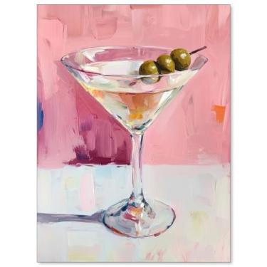 Imagem de Heltrappe Arte de parede com álcool Martini retrô rosa coquetel estéticos pôsteres modernos vintage bebidas em tela impressão bar carrinho decoração para quarto cozinha decoração de parede 30,5 x 40,6