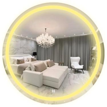 Imagem de Espelho jateado parede lapidado decorativo redondo 80x80cm luz led touch Screen Dimerisável luxo Iluminado Pendurador - Led quente, neutro ou frio (Led Quente 3000k)