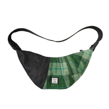 Imagem de Bolsa tiracolo Harris Tweed Crescent para mulheres e homens, bolsa de ombro hobo de lã tartã e jeans, bolsa de viagem vintage, Tartã verde