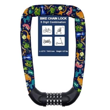 Imagem de NDakter Cadeado de corrente de bicicleta, combinação de 5 dígitos, bloqueio de corrente de bicicleta anti-roubo, 4,27 pés (dinossauro)