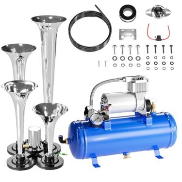 Imagem de Kit de buzina de trem de 4 buzinas 150DB, compressores de ar 12V 150PSI com tanque, kit de buzina de ar super alto com tanque de ar de 1,6 galão, buzina de trem para caminhão Jeep SUV carro (azul 1,6