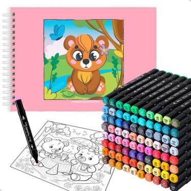 Imagem de Caderno Desenhos Para Colorir + Kit 80 Canetinha Ponta Dupla - M3M, Un