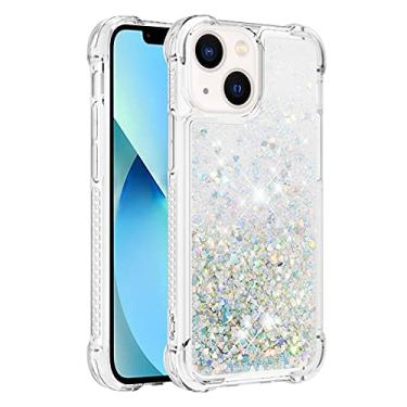 Imagem de Capa de telefone à prova de choque para iPhone 14 Plus com glitter líquido de areia movediça e corações flutuantes, capa de TPU de camada dupla reforçada com 4 cantos, protetor de telefone seguro