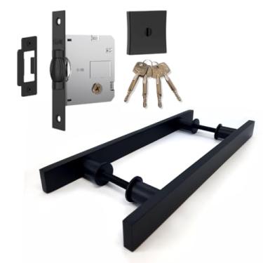 Imagem de Kit Puxador Porta Pivotante Madeira Preto Fosco Duplo 80cm + Fechadura Entrada Rolete Stam Residencial Roseta Quadrada