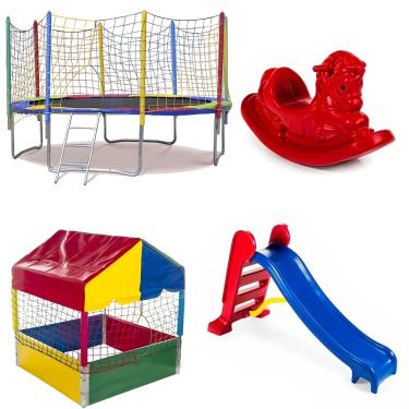 Imagem de Cama Elástica Pula Pula 3,05m Grande + Piscina de Bolinhas 1,00m Premium + Escorregador Médio + Gangorra 1 Lugar Infantil