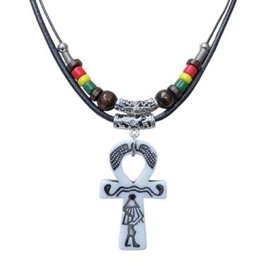 Imagem de Colar de resina Ankh com pingente de cruz copta egípcia antiga Rasta Hippie Colar com pingente de camada dupla de contas de madeira com cordão preto ajustável masculino feminino, 18, Madeira, Sem