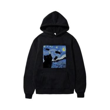 Imagem de Moletom Com Capuz De Lã Grande Masculino Estrelado Gato Noite Estampa 