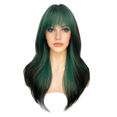 Imagem de Sallcks Peruca Verde Feminina Longa Em Camadas Com Mechas Pretas E Franja, Peruca De Fibra Sintética Resistente Ao Calor