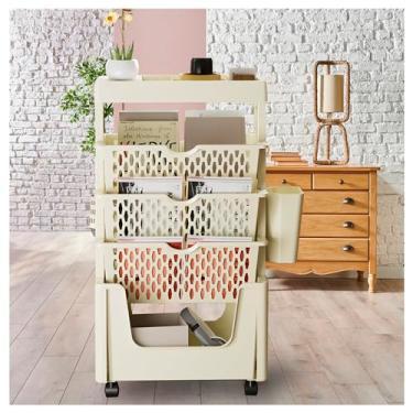 Imagem de FTOQWZXV Organizador de carrinho de armazenamento com rodinhas de 5 níveis, estante móvel com rodas, prateleira portátil com rodas, porta-revistas, amarelo (amarelo)