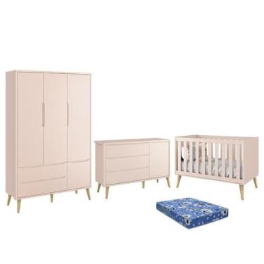 Imagem de Dormitório Infantil Theo Retrô 3 Portas, Cômoda 1 Porta, Berço Rosa Fo