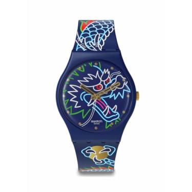 Imagem de Swatch Relógio unissex casual azul bio-fonte quartzo dragão em ondas, Azul, Ano do Dragão