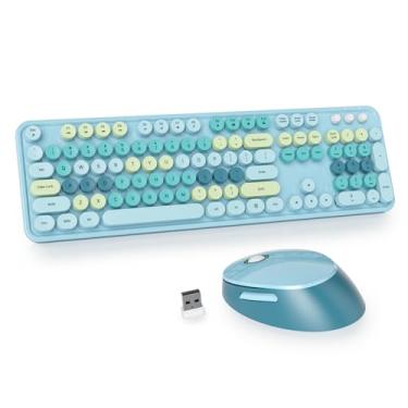 Imagem de Owpkeenthy Teclado e mouse azul sem fio, lindo teclado de máquina de escrever sem fio de 2,4 GHz, tamanho completo com teclas redondas retrô para desktop, laptop e computador (azul coloful)