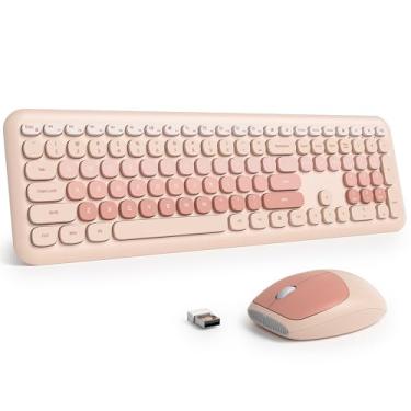 Imagem de Fogruaden Teclado e mouse silenciosos sem fio, 2,4 GHz, estilo máquina de escrever fofo, conjunto de teclado e mouse colorido, design fino, digitação de baixo ruído para casa, escritório, Windows PC