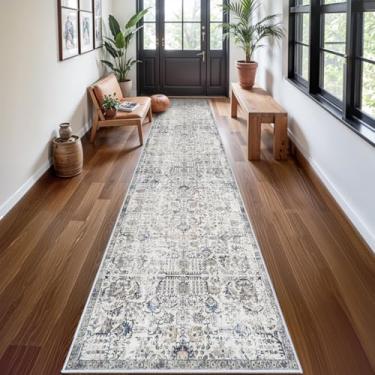 Imagem de RUUGME Tapete passadeira lavável, 91 cm x 4,26 m – Tapete vintage envelhecido para corredor antiderrapante, resistente a manchas para decoração de cozinha, quarto, banheiro, lavanderia, marrom/azul