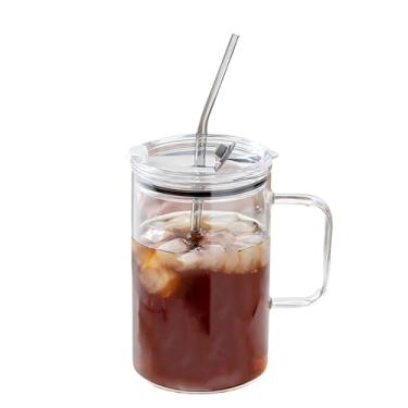 Imagem de Copo de vidro para bebidas frias de grande capacidade de 935 g, caneca com alça, tampa e canudo, para café, chá gelado, cerveja, água, copo de bebida, resistente ao calor e ao frio -55 °C a 148 °C