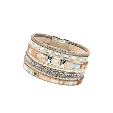 Imagem de JHJEWH Pulseiras de couro trançado, pulseiras empilháveis boho, pulseira de couro de tecido multicamadas com fecho, pulseiras largas embutidas, presente de joias para mulheres, presente de dia dos