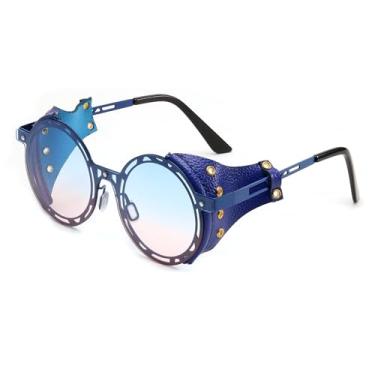 Imagem de FEISEDY Óculos de sol retrô redondo Steampunk feminino masculino vintage armação de metal couro B0140, Azul, Large