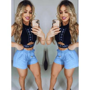 Imagem de Short com Elástico Jeans Feminino Blogueira - Isana Jeans, Claro, GG