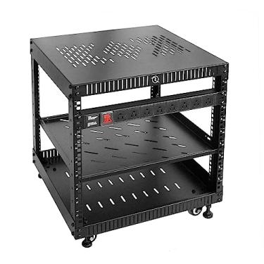Imagem de RIVECO Rack de rede 9U com tampa superior reforçada – rack de 4 pinos sobre rodas para equipamento de 48 cm e equipamento estéreo - incluindo régua de alimentação para montagem em rack e 1 prateleira