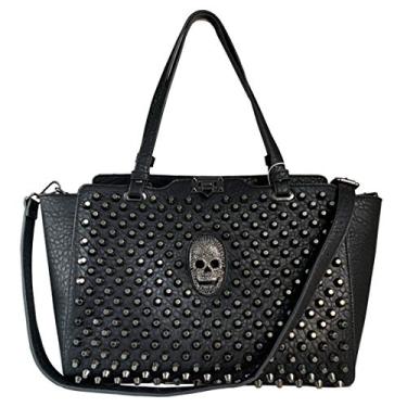 Imagem de FiveloveTwo Bolsa feminina de caveira gótica com alça superior bolsa de ombro PU rebite sacola preta, Preto, One Size