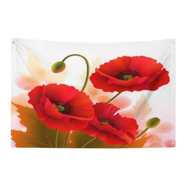 Imagem de Bandeira com quatro furos, bandeiras para todos os climas, flores de papoula, pétalas vívidas, estampadas, banner decorativo, bandeiras de poliéster adequadas para uso interno e externo 89 x 159 cm
