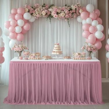 Imagem de Saia de mesa de tule branco, retangular, redonda, toalhas de mesa semitransparentes com babados para decoração de casamento, chá de panela, festa de aniversário, couro rosa, 14 pés (C 4,26 m, A 0,75
