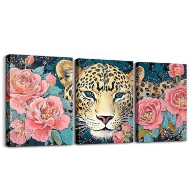 Imagem de Feelyou Pinturas de rosas de leopardo decoração de parede sala de estar animal selvagem leopardo decorações de parede para quarto escritório rosa flor floral rosa pintura de parede impressões arte