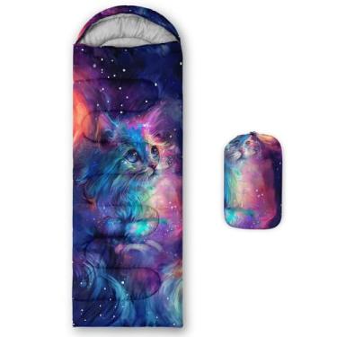 Imagem de AILONEN Saco de dormir fofo gato roxo galáxia estrelada para meninos, meninas, adolescentes, adultos, leve e à prova d'água, clima quente e frio, portátil, saco de dormir para meninas, viagens