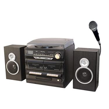Imagem de TechPlay habilitado para Karaokê, 30W RMS, toca-discos clássicos retrô, Bluetooth NFC, leitor/gravador de cassete duplo, leitor de CD MP3, portas SD USB, despertador digital AM/FM e controle remoto completo (preto)