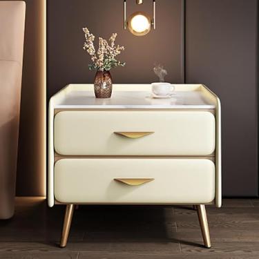 Imagem de Mesa De Cabeceira De Luxo Com Acabamento Em Couro Pu & Tampo De Mármore Falso, Mesa De Cabeceira Minimalista Mesa Lateral Moderna Com 2 Gavetas, Armário De A, Yellow, 45x40x52cm(18x16x20in)