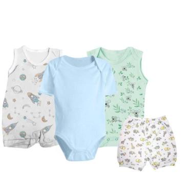 Imagem de Kit Bebê 4 Peças Body Curto Macacão e Shorts Estampado Verão - Koala B