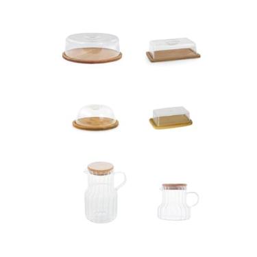 Imagem de Kit Café da Manhã Completo 2 Jarras de Vidro, Boleira com Tampa, Manteigueira, Porta Frios e Porta Queijo com Base de Bambu