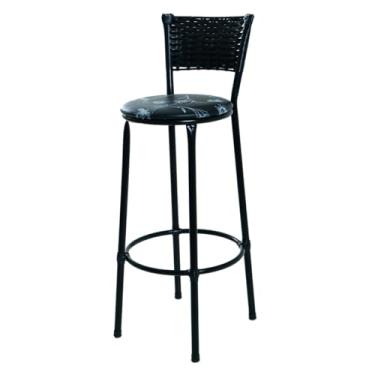 Imagem de Banqueta Alta com Encosto Trançado, Assento Acolchoado, Estrutura Metálica Preta (Preto Florido)