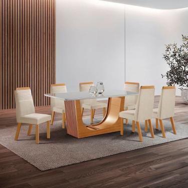 Imagem de Conjunto de Jantar Mesa Maceió Tampo Mdf e Vidro com 6 Cadeiras Catar Yescasa Castanho Cinamomo/Creme/Off White