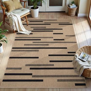 Imagem de Tangsoo Tapete de juta fácil com listras irregulares, ultrafino, 7,5 x 12,5 cm, lavável, para quarto, antiderrapante, preto, interno, externo, moderno, quintal, entrada