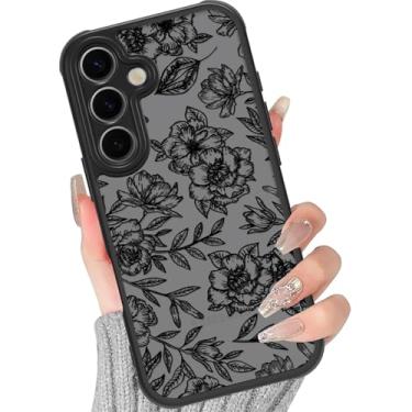Imagem de Yomjew Lindas Linhas Pretas Flor Capa de Telefone para Samsung Galaxy S24 Plus 5G Feminino Capa Feminina 17.0 cm, Estampa Floral Folhas Estéticas Design Translúcido Fosco Capa Silicone Rígido PC