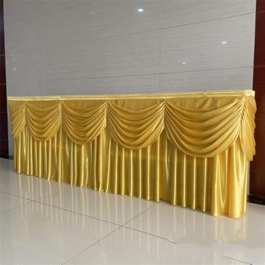 Imagem de Saia de mesa de seda gelada, cabeça de cortina para bolo de casamento, avental de mesa, saia de mesa, placa de aniversário, cabeça de cortina para mesa, dourado e amarelo, comprimento 400 cm x 78 cm