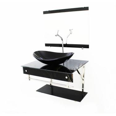 Imagem de Kit Gabinete 60Cm Cuba Oval  Mármore Preto + Torneira