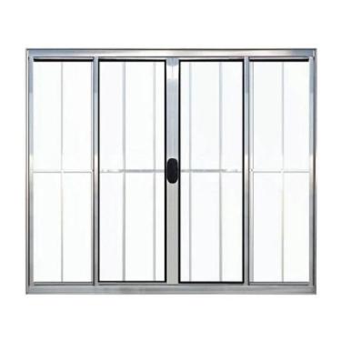 Imagem de Janela 100x150 4 Folhas Vidro c/Grade - Alumínio Brilhante - Linha 18 Modular