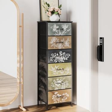 Imagem de Tohomeor Cômoda vintage vertical mesa de cabeceira com tecido botânico neutro gavetas para armário banheiro armazenamento torre unidade cama lateral organizador rústico casa de fazenda (multi, 6