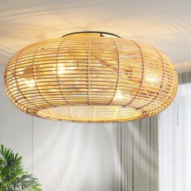 Imagem de AIJIASI Ventilador De Teto Com Gaiola 20" Luz E Controle Remoto, Estilo Boho, Embutido, Rattan, Perfil Baixo, 6 Velocidades, Reversível Para Sala Estar, Cozinha (Base 4*E26)