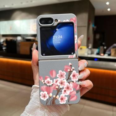 Imagem de Capa para Samsung Galaxy Z Flip4 com estampa floral, textura de couro, dobrável, capa de TPU macio (para Samsung Galaxy Z Flip4/A745, cinza)