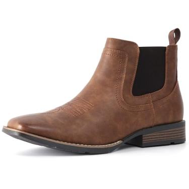 Imagem de IXU Botas de caubói para homens, bico quadrado, cano baixo, bota ocidental, Chelsea, casual, sem cadarço, sapatos masculinos, Marrom, 8.5 Wide
