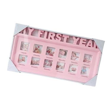 Imagem de XLWLLNJ Moldura para fotos de primeiro ano, recém-nascido, 1 a 12 meses, álbum de mesa para lembrança de chá de bebê, presente de berçário, Rosa